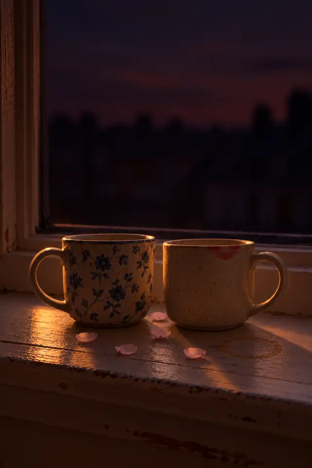 Two mugs on a windowsill in evening light, a few cherry-blossom petals on the sill beside them.